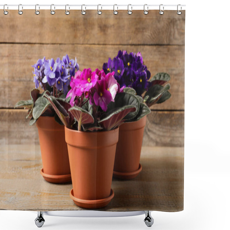 Personality  Beautiful Potted Violets On Wooden Table. Plants For House Decor Shower Curtains