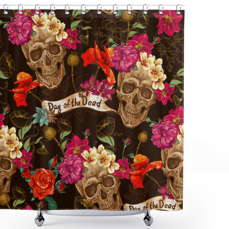 Personality  Skull And Flowers Seamless Background Shower Curtains