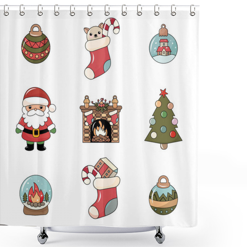 Personality  Cute Cartoon-style Christmas Illustration. A Set Of Festive Items: Santa Claus, Christmas Tree, Gifts, Christmas Tree Toy, Polar Bear With A Bag Of Gifts, Reindeer, Lollipop, Snow Globe With Fireplace, Christmas Sock With Gifts. Bright And Colorful E Shower Curtains