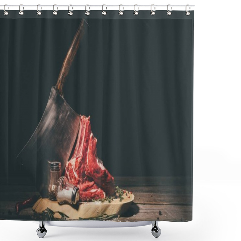 Personality  Raw Pork Ribs With Butcher Cleaver And Spices On Wooden Board Shower Curtains