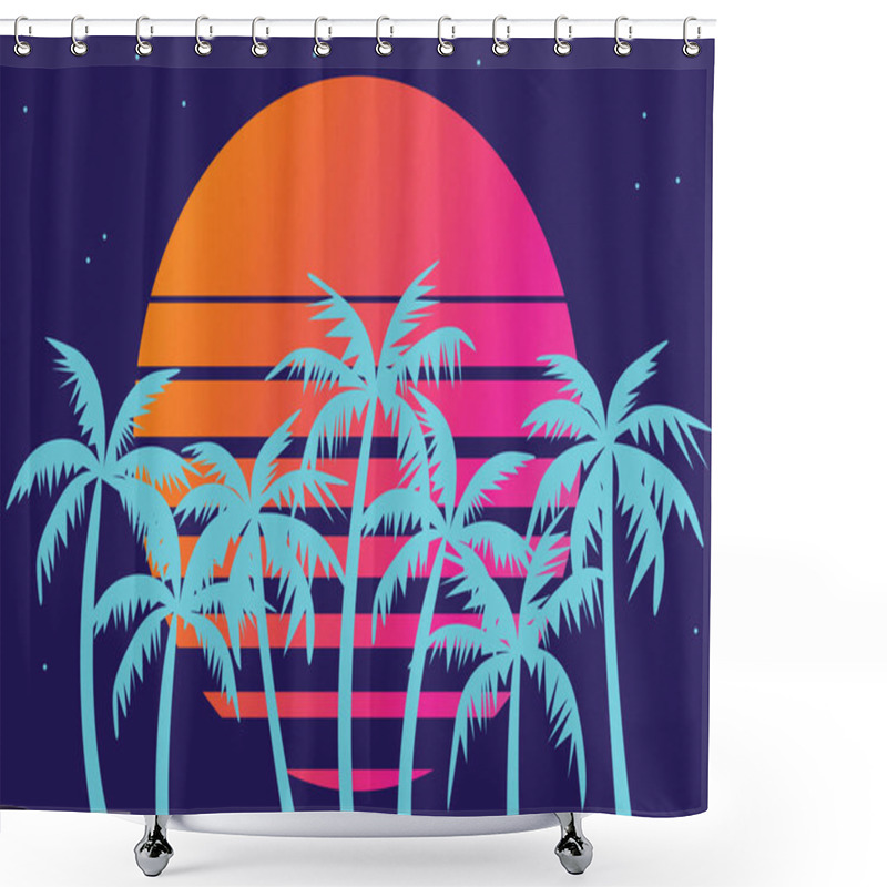 Personality  Retro Futuristic Palm Trees In 80s Style At Sunset. Summer Time, Palm Trees On The Background Of The Sun, Synthwave Style. Design For Advertising Brochures And Banners Shower Curtains