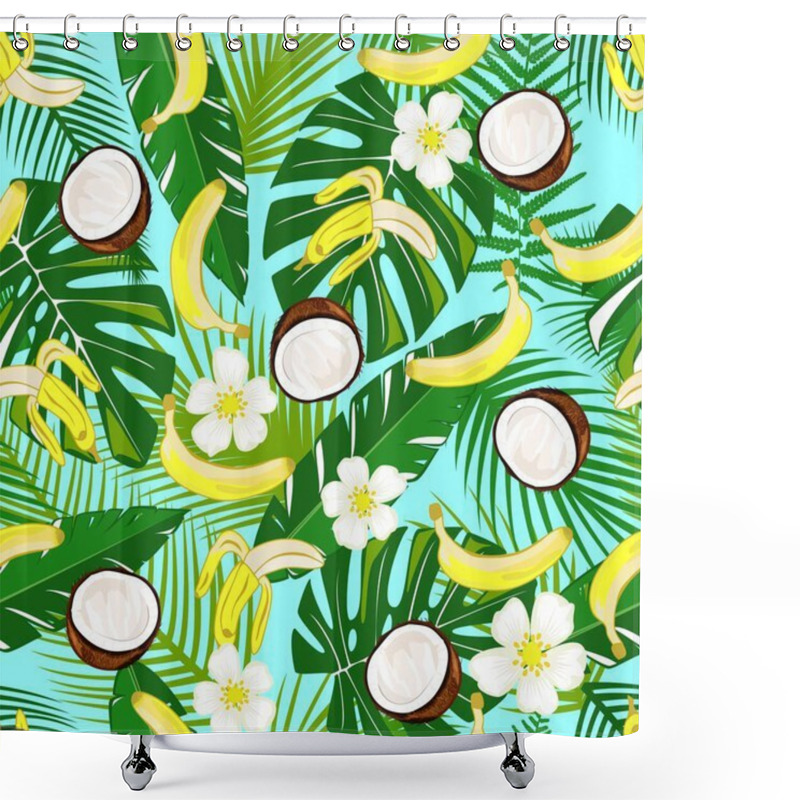 Personality  Exotic Tropic Plants Composed Of Palm Banana Leaves, Paradise Flower On Blue Background. Flower Trendy Seamless Vector Pattern. Hand Drawn Fashion Wallpaper. Design For Fabric Shower Curtains