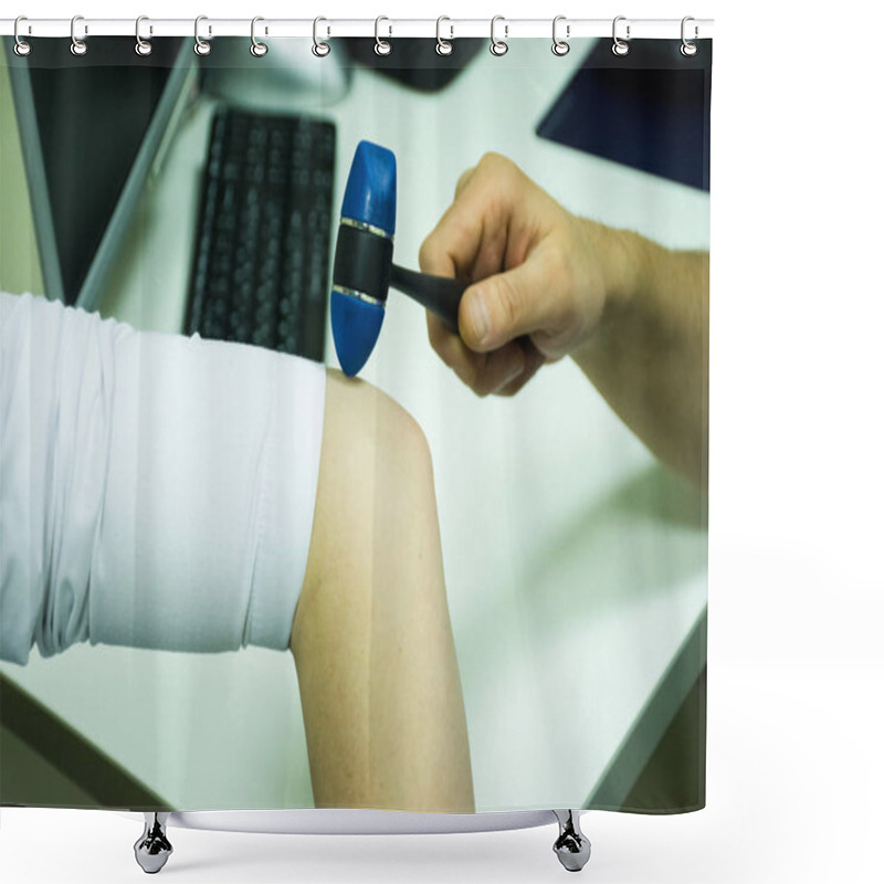 Personality  Triceps Deep Tendon Reflex Test By Neurologist During Neurological Examination. Neurologist Holding A Neurological Hammer And Checks The Condition Of The Reflex Arc With Extensor Muscles Of Hand Shower Curtains