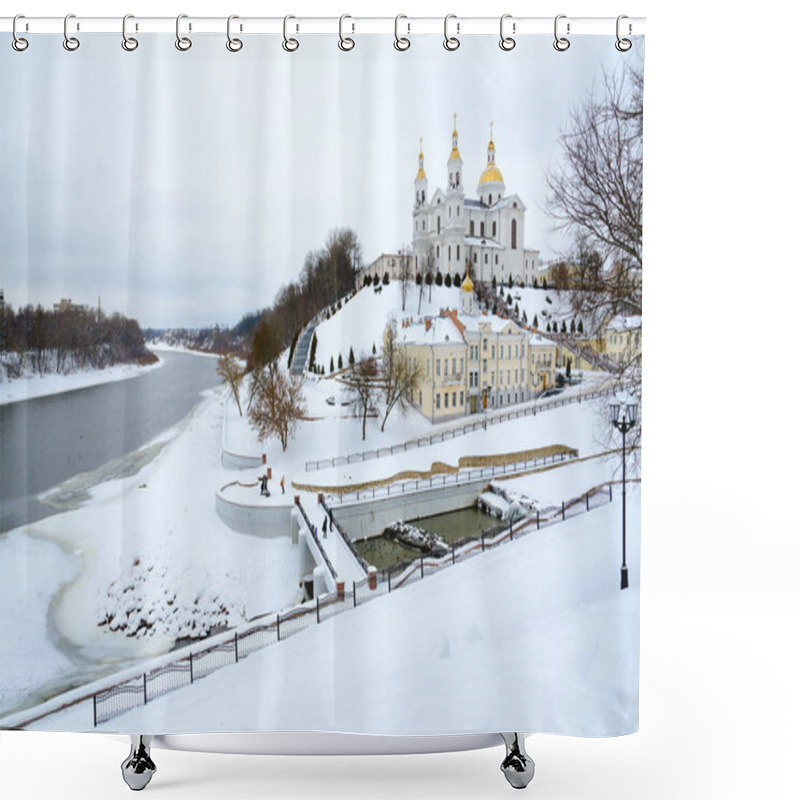 Personality  Holy Dormition Cathedral On Uspenskaya Mountain At Confluence Of Western Dvina And Vitba Rivers, Winter Landscape, Vitebsk, Belarus Shower Curtains