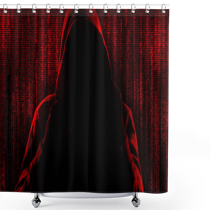 Personality  Dark Silhouette Of Cyber Criminal Against Background With Digital Symbols Shower Curtains