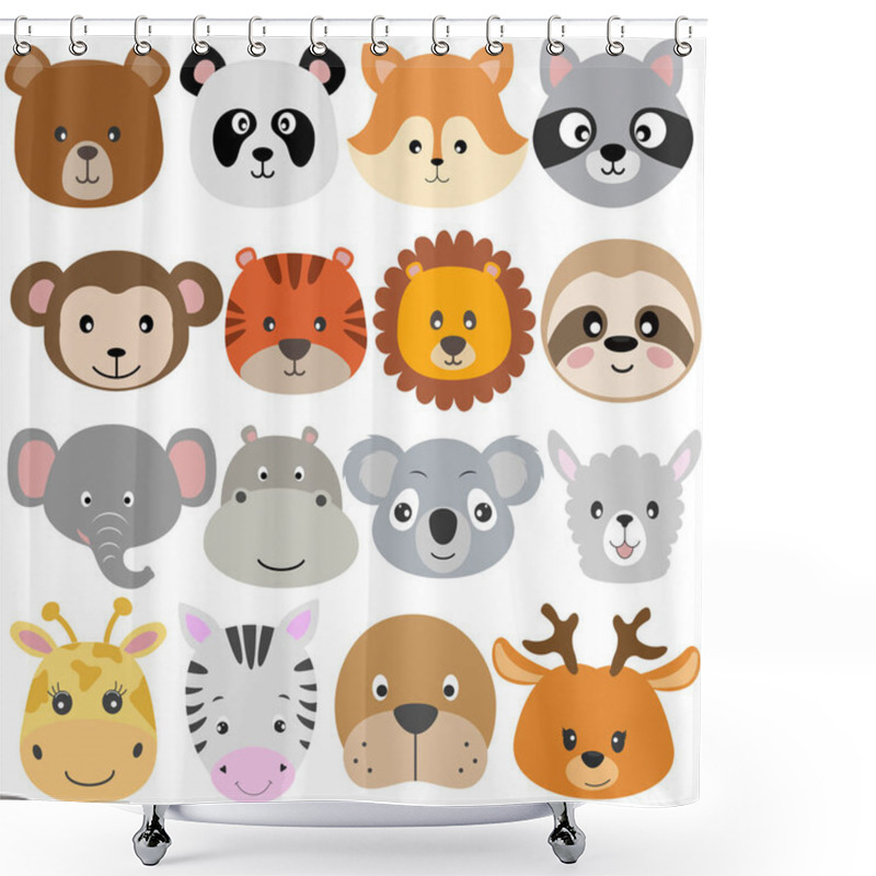 Personality  Cute Cartoon Animals Bear,koala, Fox, Raccoon, Monkey, Tiger, Sloth, Elephant, Hippo, Llama And Zebra Flat Style. Modern Poster For Prints, Kids Cards, T-shirts And Other. Vector Illustration Shower Curtains