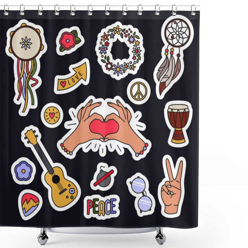 Personality  Hippie Stickers Collection. Vector Cartoon Style Cute Musical Instruments And Other Traditional Things. Shower Curtains