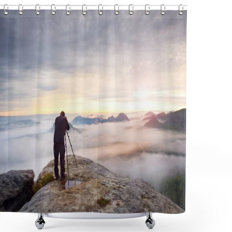 Personality  Photographer Framing Picture With Eye On Viewfinder. Photo Enthusiast  Enjoy Work, Fall Nature Shower Curtains