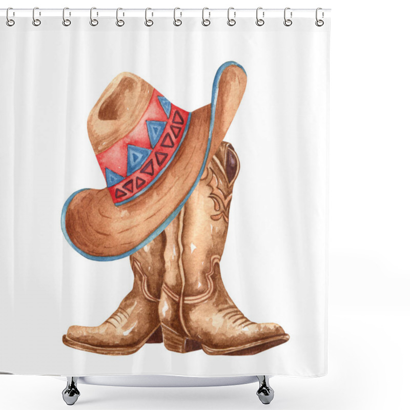 Personality  Watercolor Cowboy Boots With A Hat. Hand Painted Rodeo Theme Design. Countryside Western Themed Illustration Shower Curtains