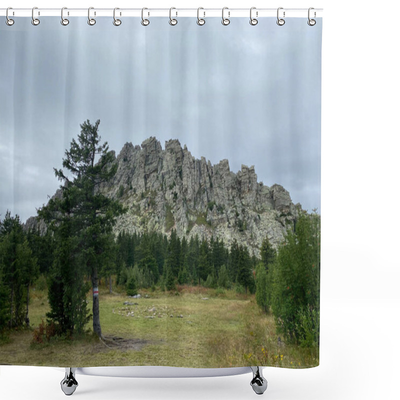 Personality  May Meadow. View Of The Otkliknoy Ridge. The Hand Made Spiral Of Stones On The Grass. The Popular Tourist Destination. Taganay National Park. Zlatoust City. Chelyabinsk Region. South Ural. Russia. Shower Curtains