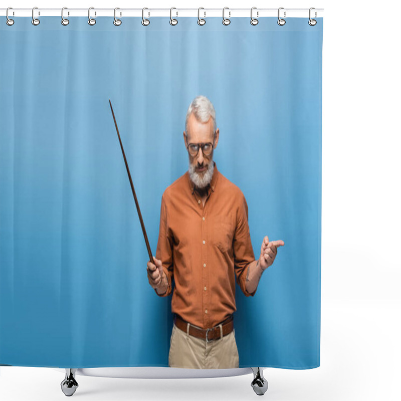 Personality  Tattooed Middle Aged Teacher In Glasses Holding Pointer Stick And Pointing Away On Blue Shower Curtains