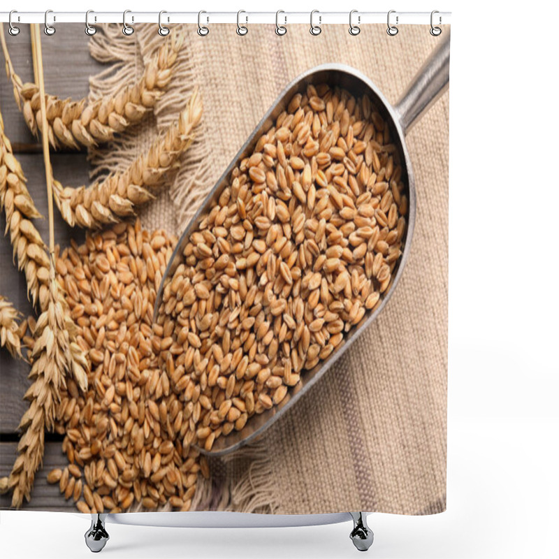 Personality  Wheat Grains With Spikelets On Grey Wooden Table, Flat Lay Shower Curtains