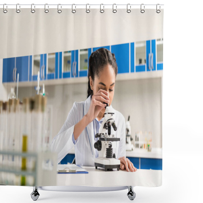 Personality  Technician Using Microscope In Laboratory Shower Curtains