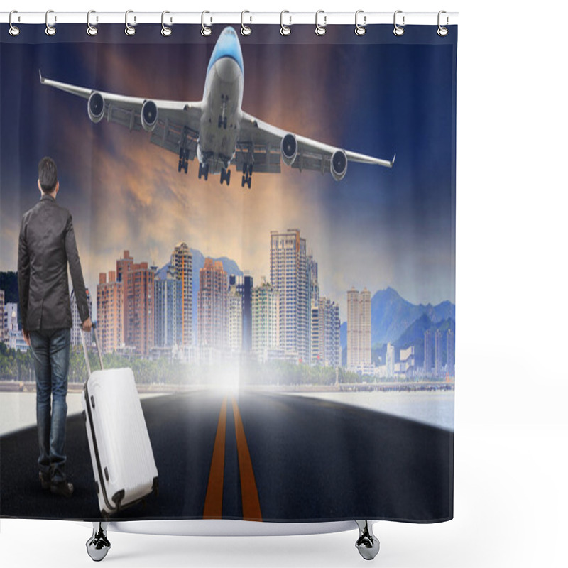 Personality  Young Man With Belonging Luggage Standing  Against Urban Scen An Shower Curtains