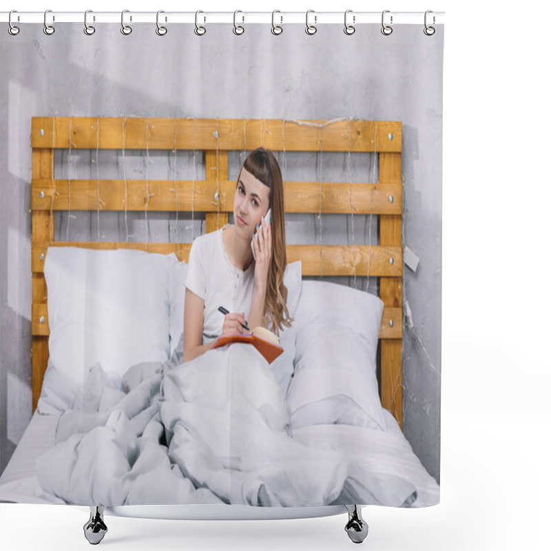 Personality  Smiling Girl Writing Something To Notebook And Talking By Smartphone In Bed Shower Curtains