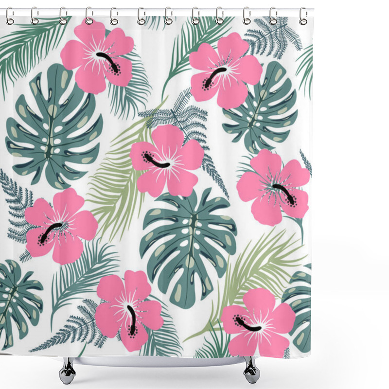 Personality  Vector Tropical Trendy Seamless Pattern With Exotic Plant Leaves And Hibiscus Flowers. Shower Curtains