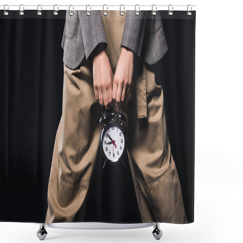 Personality  Cropped Shot Of Stylish Woman Holding Clock Isolated On Black Shower Curtains