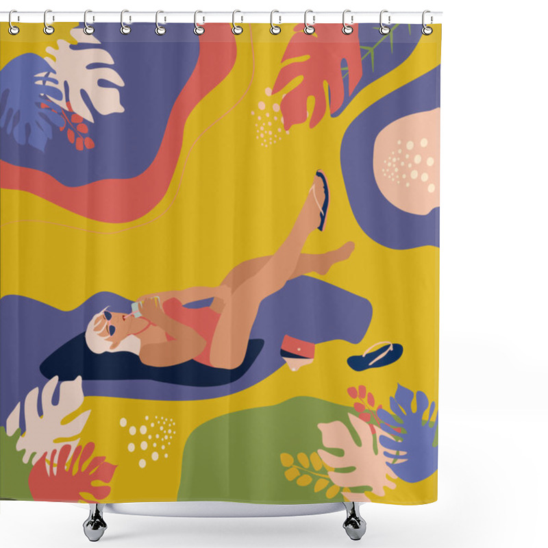 Personality  Young Blonde Woman Lying On The Tropical Beach Shore In Swimsuit.She Dangles Legs,sunbathes And Drinks A Cocktail.Hand Drawn Vector Trendy Illustration With Abstract Jungle Background.Pastel Colors Shower Curtains