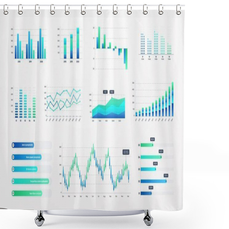 Personality  Histogram Charts. Business Infographic Template With Stock Diagrams And Statistic Bars, Line Graphs And Charts For Presentation And Finance Report. Vector Set Shower Curtains