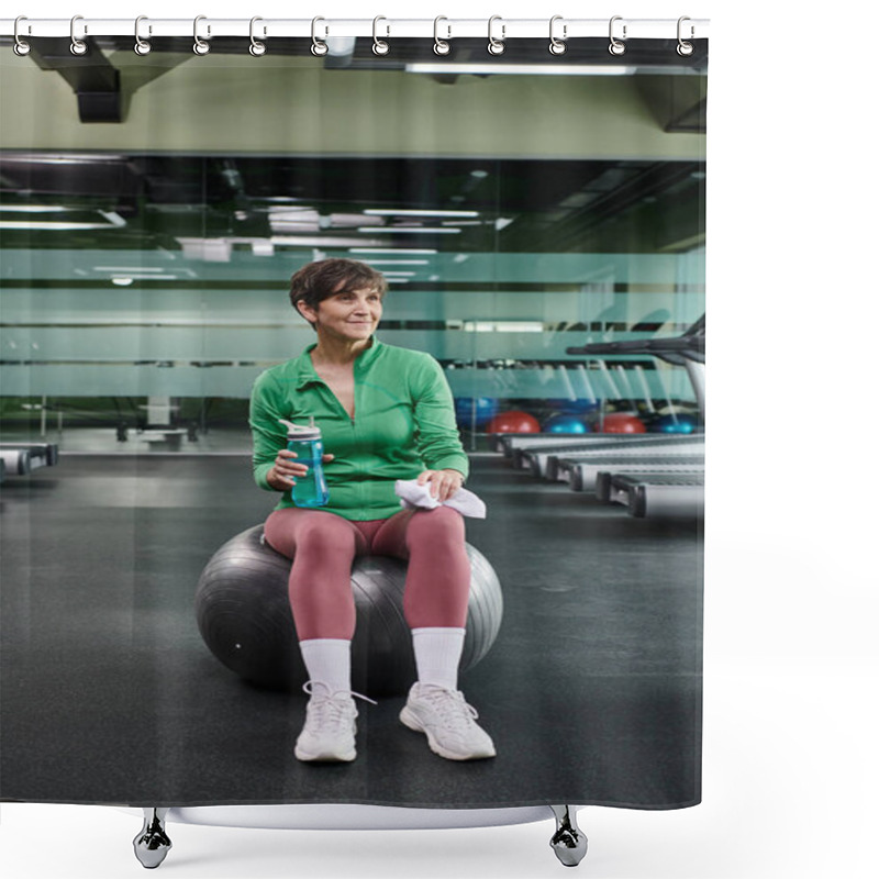 Personality  Elderly Woman Sitting On Fitness Ball After Workout, Smile, Sports Bottle With Water, Fitness Shower Curtains