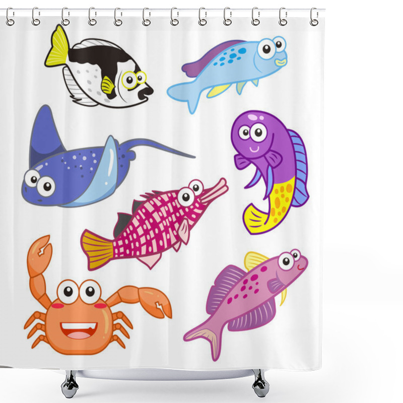 Personality  Cartoon Sea Animals Set With White Background Shower Curtains