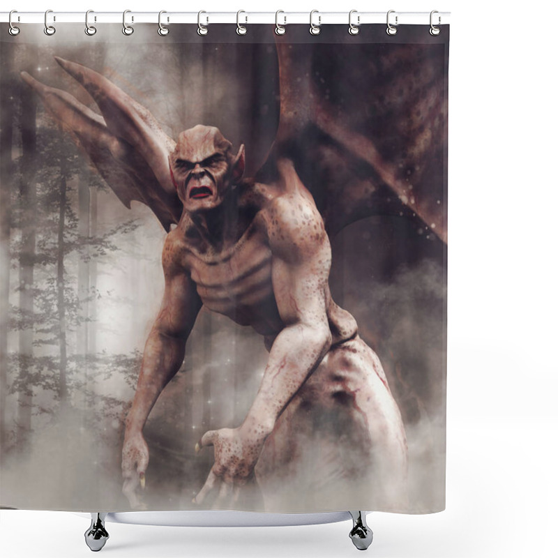 Personality  Spooky Vampire Monster With Bat Wings In A Dark Forest At Night. 3D Render. Shower Curtains