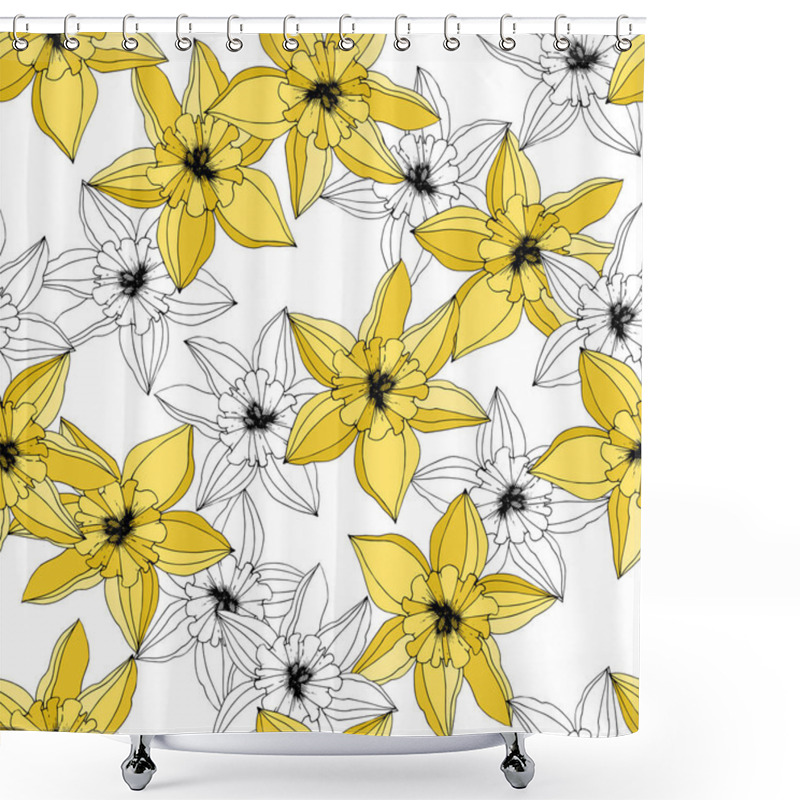 Personality  Vector Narcissus Flowers. Yellow Engraved Ink Art. Seamless Pattern. Fabric Wallpaper Print Texture On White Background. Shower Curtains