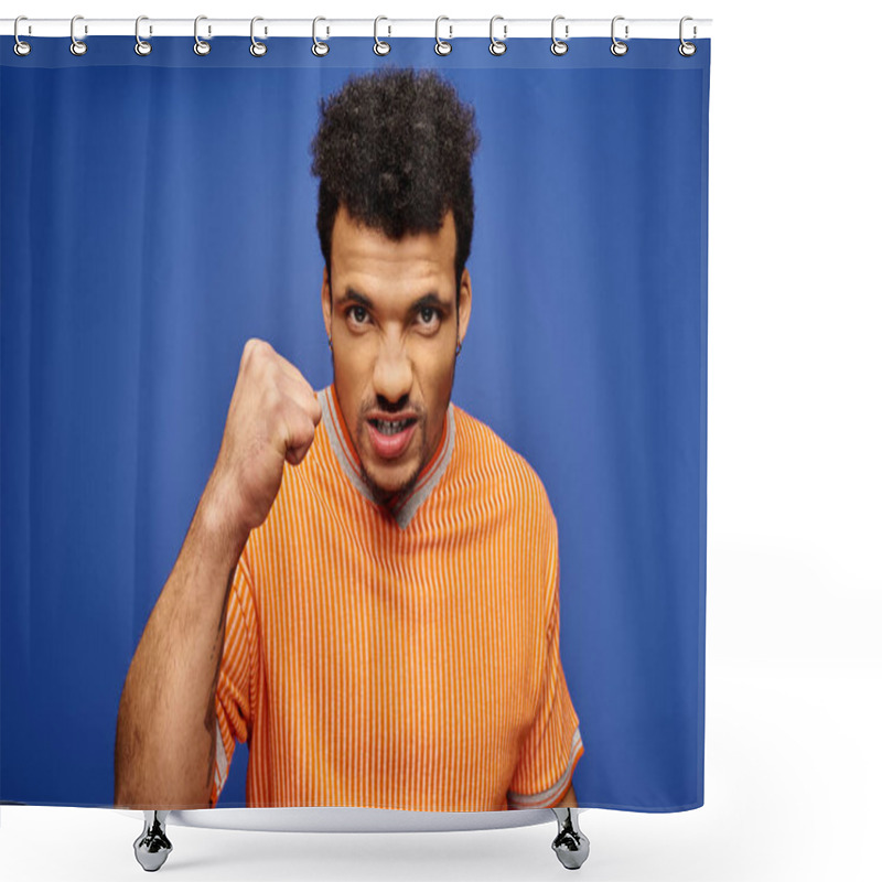 Personality  A Handsome Man Displays Passion And Strength With A Determined Expression And Raised Fist. Shower Curtains