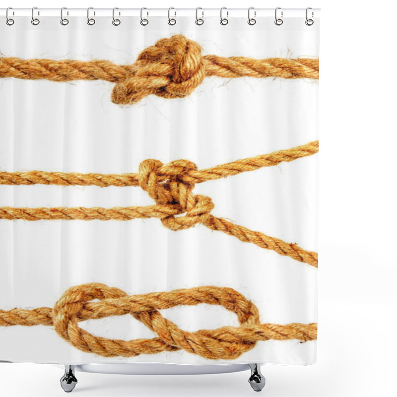 Personality  A Small Set Of Classic Nautical Knots Tied From A Rough Natural Rope And Isolated On A White Background Shower Curtains