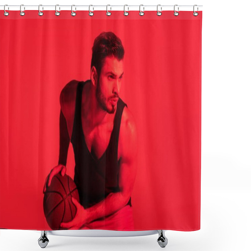 Personality  Focused Young Sportsman Playing Basketball At Contrast Red Light  Shower Curtains