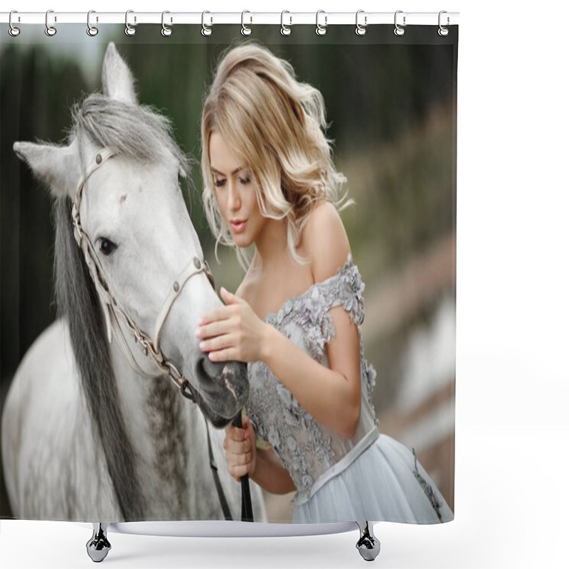 Personality  Beautiful Blonde Girl In Dress Strokes A Gray Horse On Nature In Shower Curtains