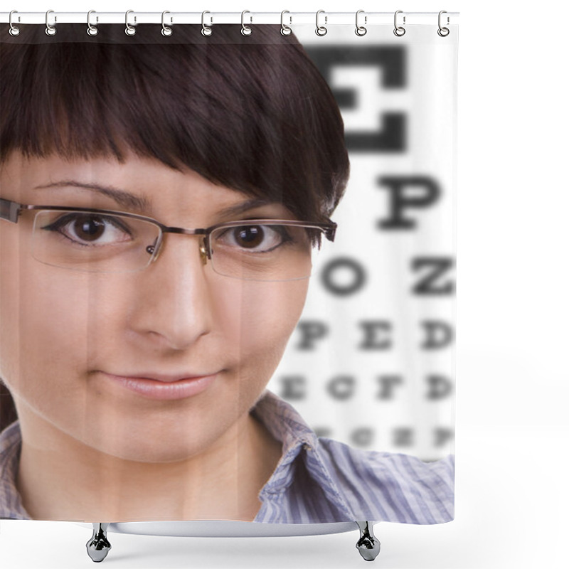 Personality  Woman With Glasses, Eye Chart In Background. At The Optician Shower Curtains