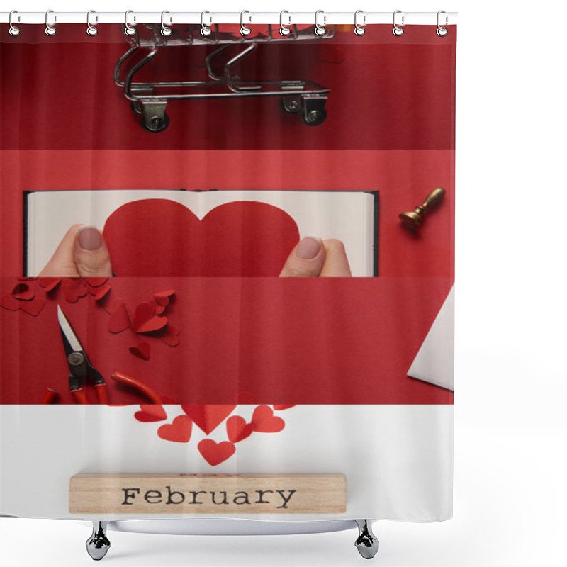 Personality  Collage Of Scissors, Woman Holding Paper Heart, Toy Shopping Cart And Wooden Sign With February Lettering  Shower Curtains