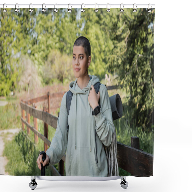 Personality  Young Short Haired Woman Hiker With Backpack And Fitness Tracker Holding Trekking Pole And Looking Away While Standing With Blurred Landscape At Background, Trekking Through Rugged Terrain Shower Curtains