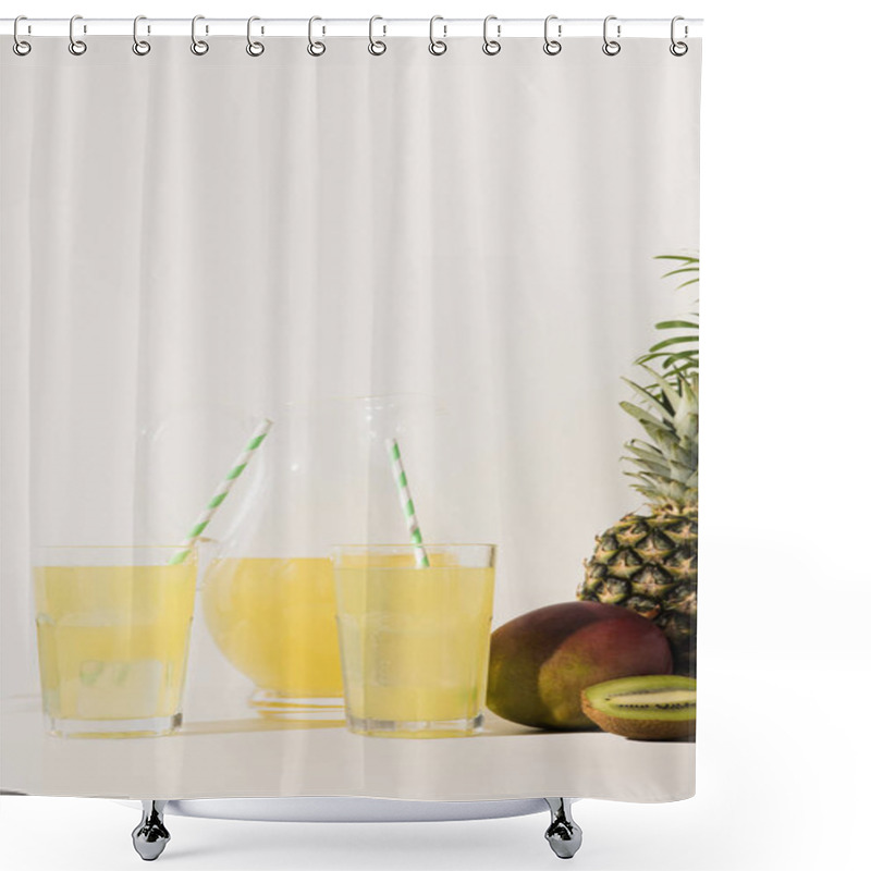 Personality  Glasses With Straws And Glass Jug With Juice And Fresh Tropical Fruits On Grey  Shower Curtains