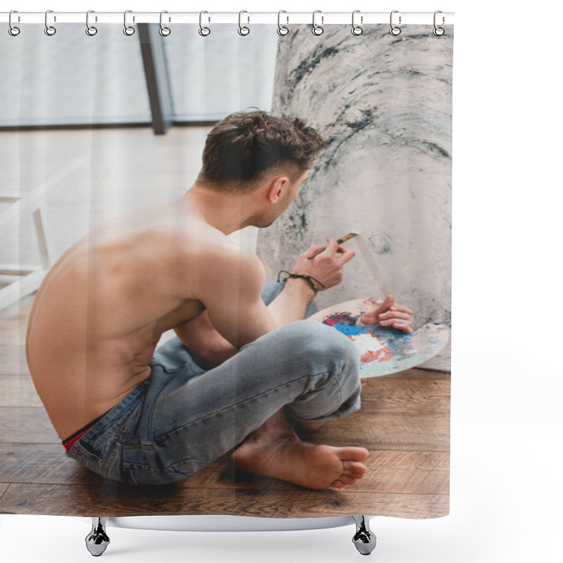 Personality  Half-naked Artist Sitting With Crossed Legs And Painting Picture In Gallery Shower Curtains