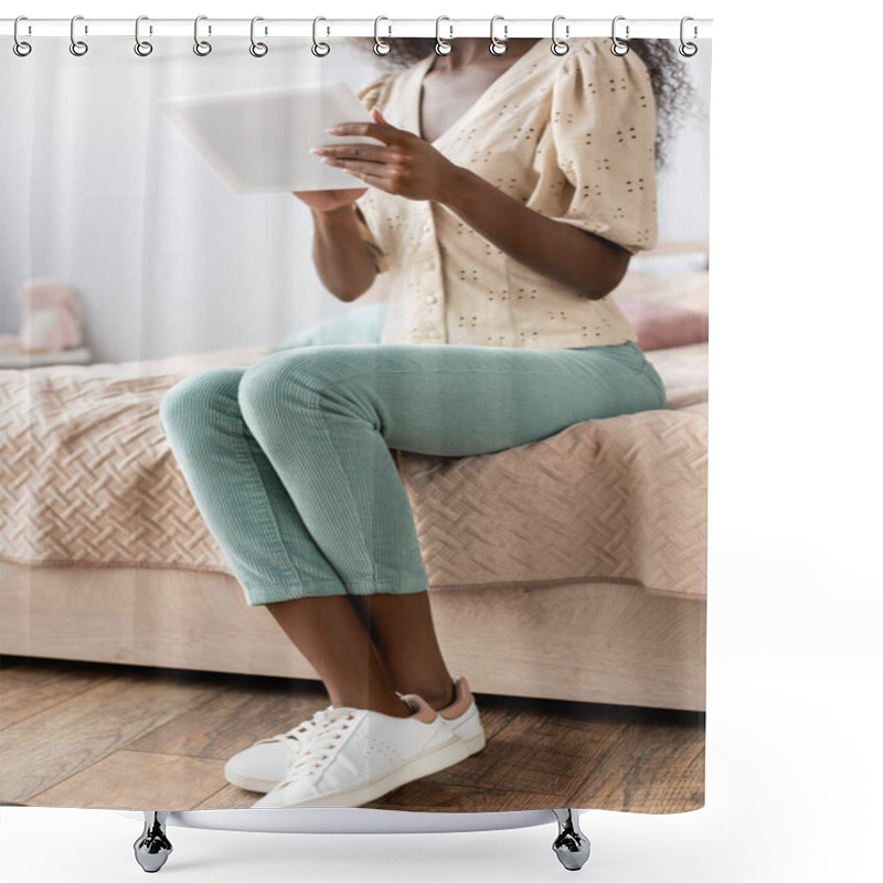 Personality  Cropped View Of African American Woman In Blouse And Pants Using Digital Tablet In Bedroom Shower Curtains