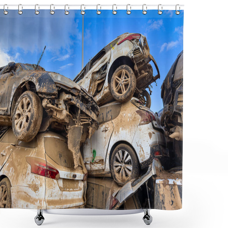 Personality  CATARROJA, VALENCIA SPAIN - DECEMBER 4 2024: After The Dana Floods In Valencia Province On October 29th 2024 Left Massive Wrecked Cars, Impacting Countless Families, Claiming Over 200 Human Lives. Shower Curtains