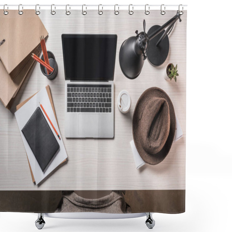 Personality  Top View Of Laptop With Blank Screen, Fedora Hat, Coffee Cup And Stationery On Table  Shower Curtains