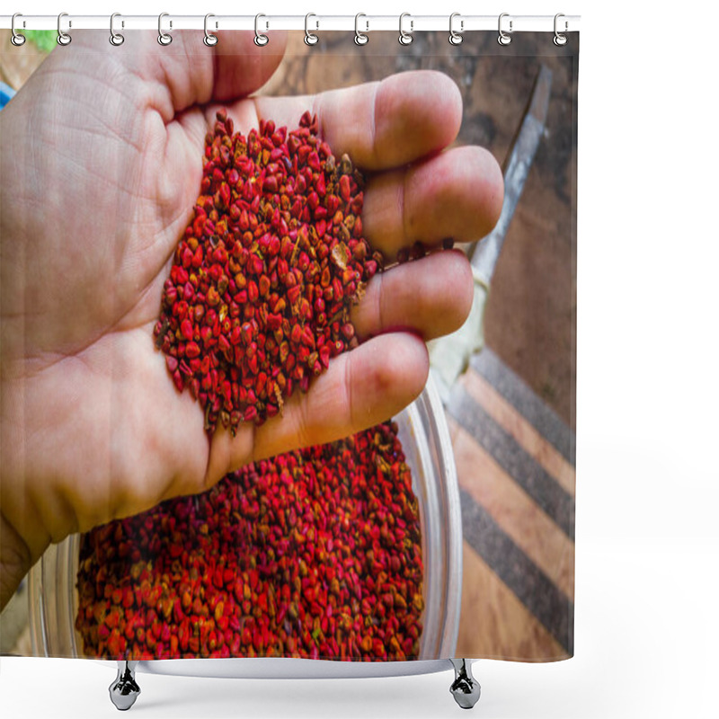 Personality  Holding Annatto Grains In Hand. Shower Curtains