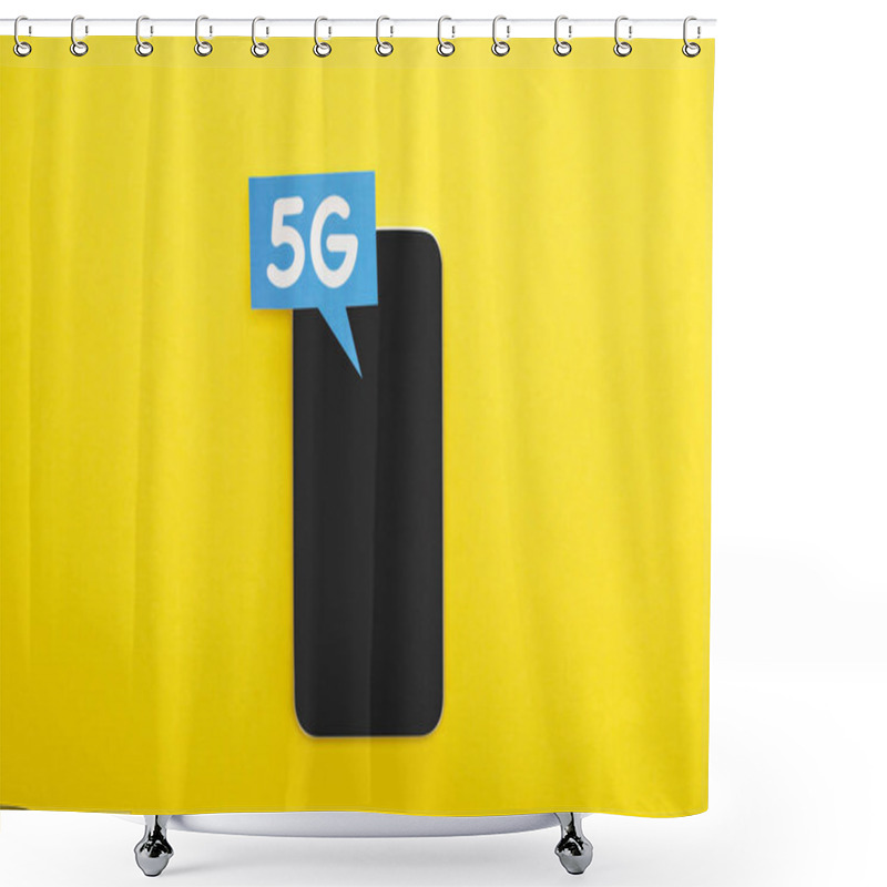 Personality  Top View Of Speech Bubble With 5g Lettering Near Smartphone On Yellow Background Shower Curtains