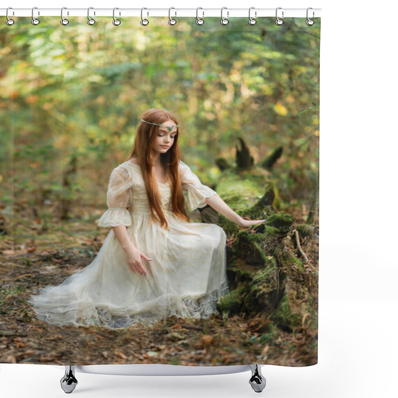 Personality  Portrait Of  A Beautiful Red Haired Girl In Light Princesses Dress And Tiara Near Moss Tree. Fairy Tale Story About Elven.Amazing Model Posing In Forest .Warm Art Work Shower Curtains