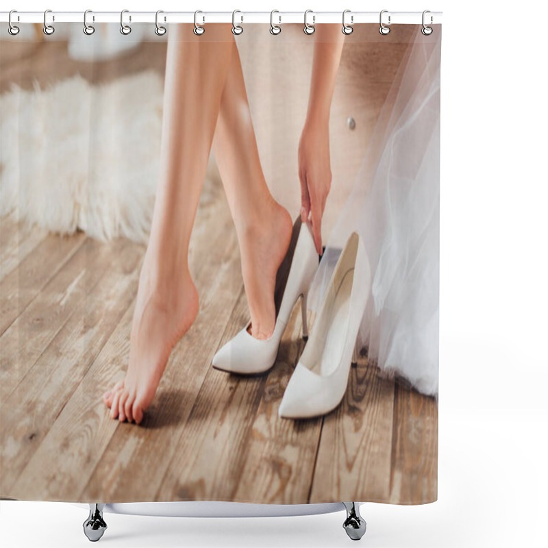 Personality  Cropped View Of Bride Putting On Wedding Heels Near Dress At Home  Shower Curtains