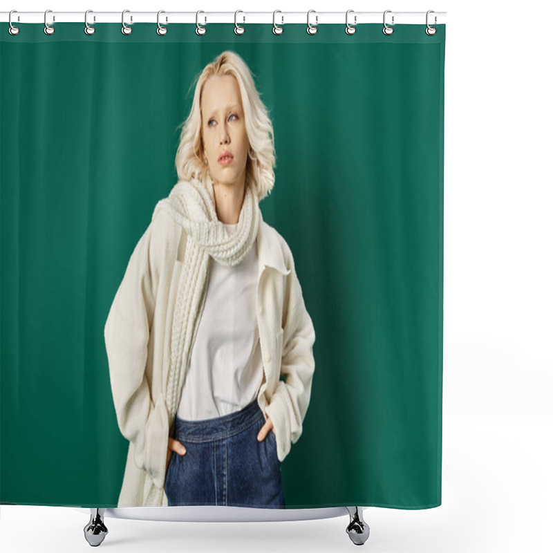 Personality  Stylish Blonde Woman In White Jacket And Denim Skirt Posing With Hands In Pockets On Turquoise Shower Curtains