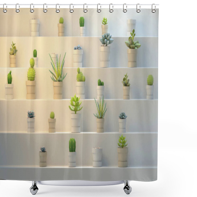 Personality  3d Rendering Of Many Realistic Cactuses With Pots On White Abstract Shelf Or Stairs. Front Angle, Side View. Shower Curtains