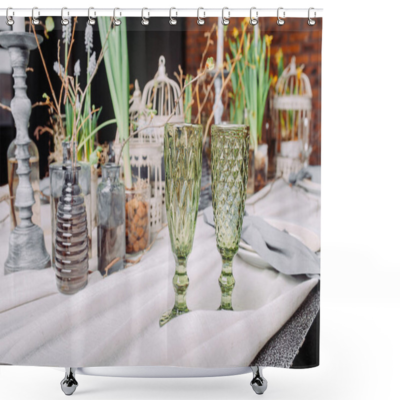 Personality  Two Green Drinks Glasses On An Eco-friendly Serving Table For A Romantic Date.Table Setting In A Mysterious Spring Style With Live Plants And Branches. Shower Curtains