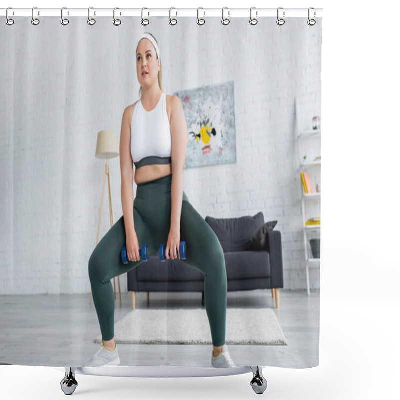 Personality  Plus Size Woman Doing Squat While Training With Dumbbells At Home  Shower Curtains