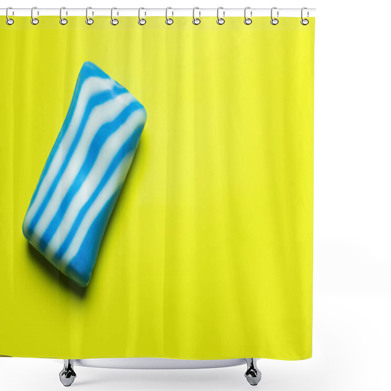 Personality  Top View Of Striped White And Blue Soap Bar On Bright Yellow Background Shower Curtains