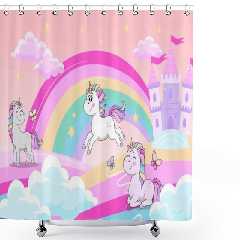 Personality  Unicorns Wonderland Concept. Fairy Tale, Imagination And Fantasy. Ponies Jump And Fly Against Backdrop Of City Or Town And Houses On Rainbow. Poster Or Banner. Cartoon Flat Vector Illustration Shower Curtains