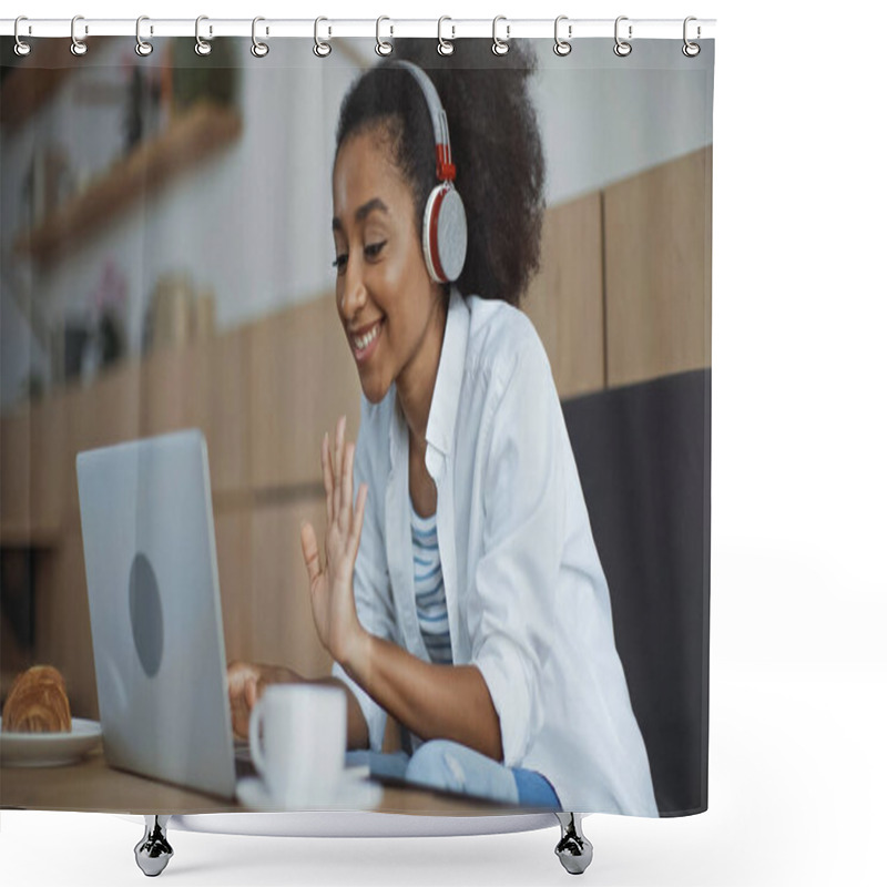 Personality  Happy African American Businesswoman In Wireless Headphones Having Video Call In Cafe Shower Curtains